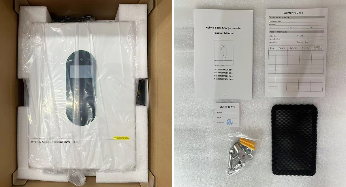 Solvic GES 12kW hybrid inverter unboxing and accessories – inverter unit, mounting bracket, communication cables, WiFi module, CT sensors, and user manual for complete installation